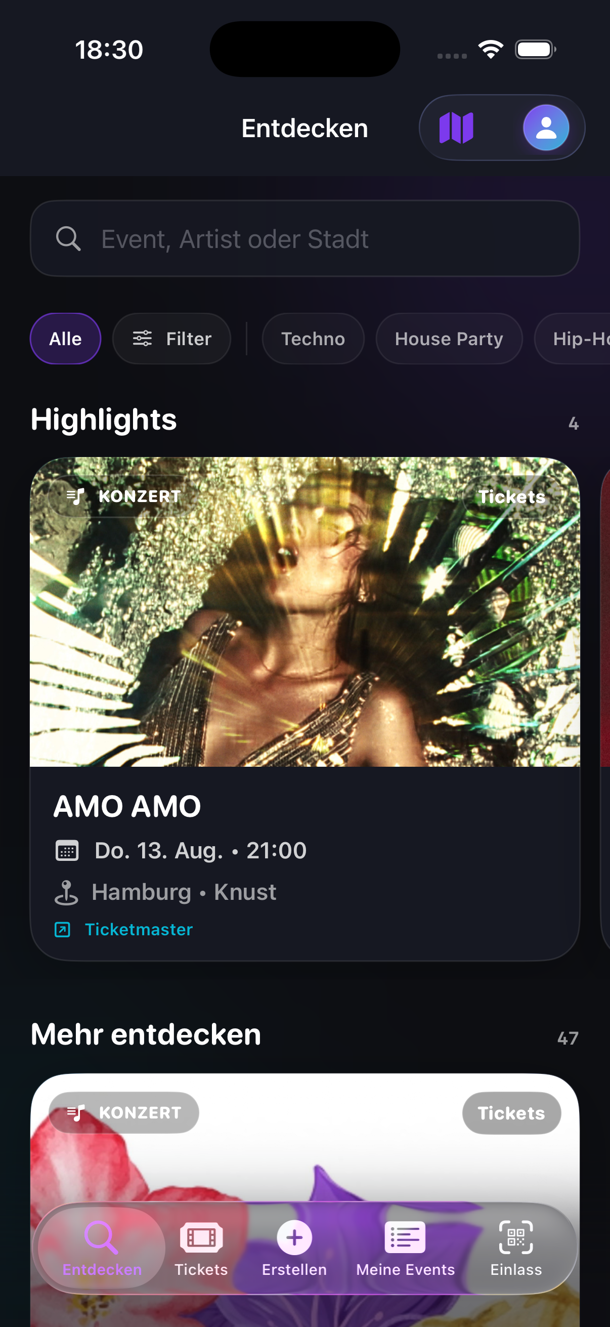 Die aktuelle Entdecken Ansicht von Occurly mit Events in Hamburg